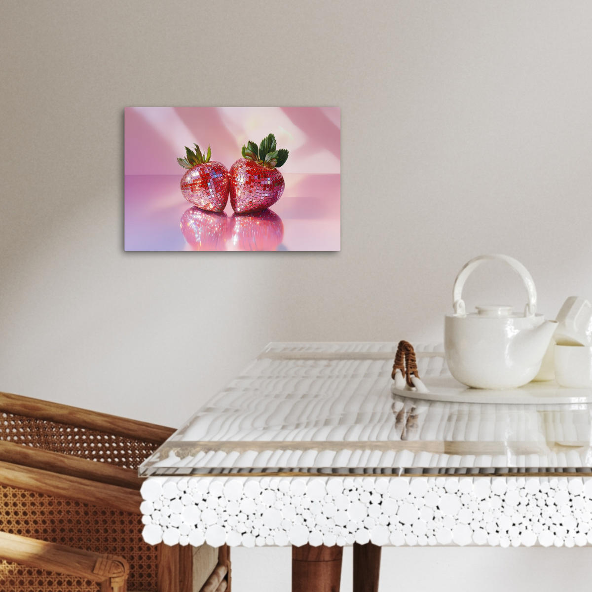 LEINWANDBILD Disco - Obst - Glitzer - Erdbeere 30x20 cm - Pink, Textil (30/20cm) - MuchoWow