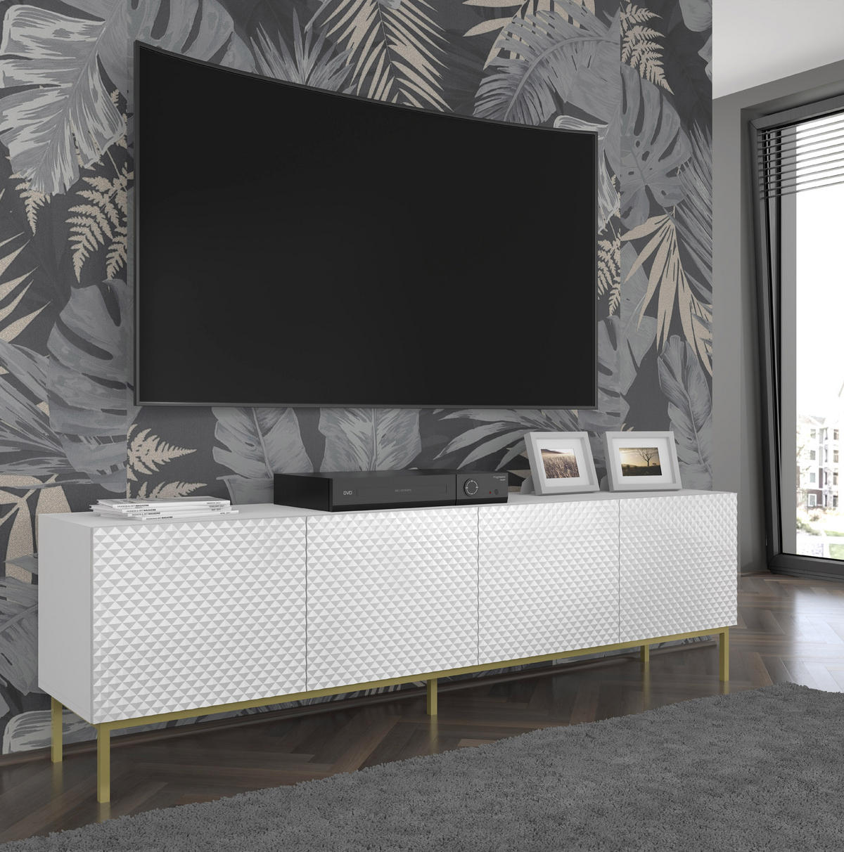 TV LOWBOARD Weiß, Weiß Hochglanz, Gold 200/58/42 - Weiß Hochglanz/Weiß, Holzwerkstoff (200/58/42cm) - RAUMHIRSCH FURNITURE
