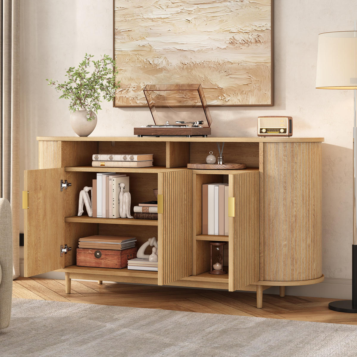 SIDEBOARD 3 Türen mit Holzoptik und Rillenfront - Naturfarben, Holzwerkstoff (140/78/40cm) - FLIEKS