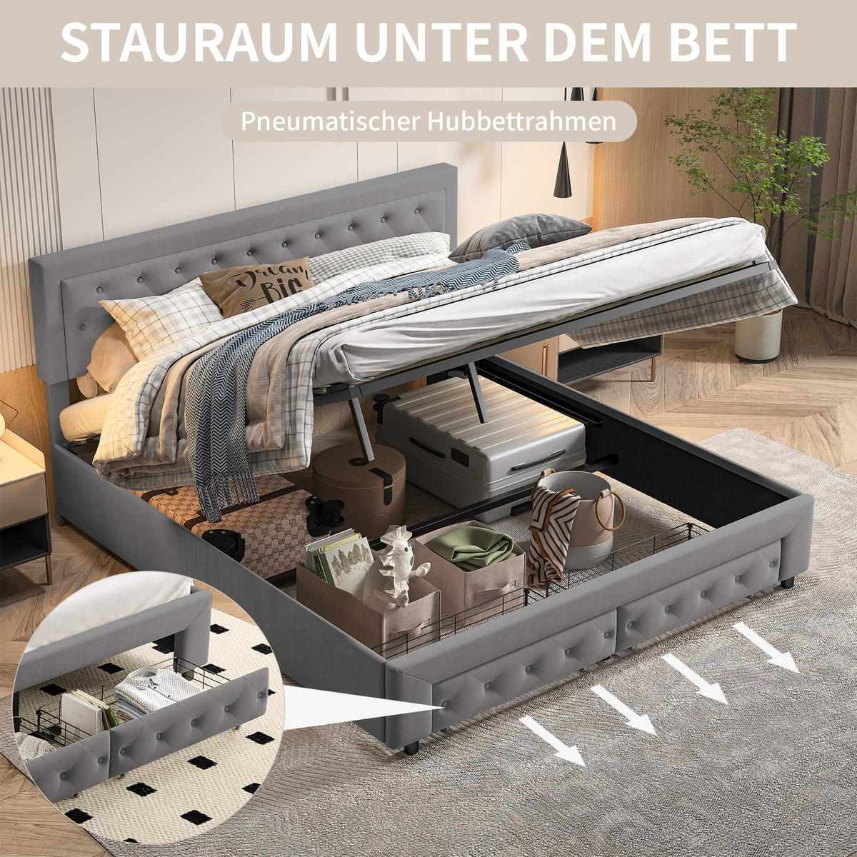 POLSTERBETT 160x200 cm, Grau, Lattenrost und Schubladen - Grau, Textil/Metall (160/200cm)