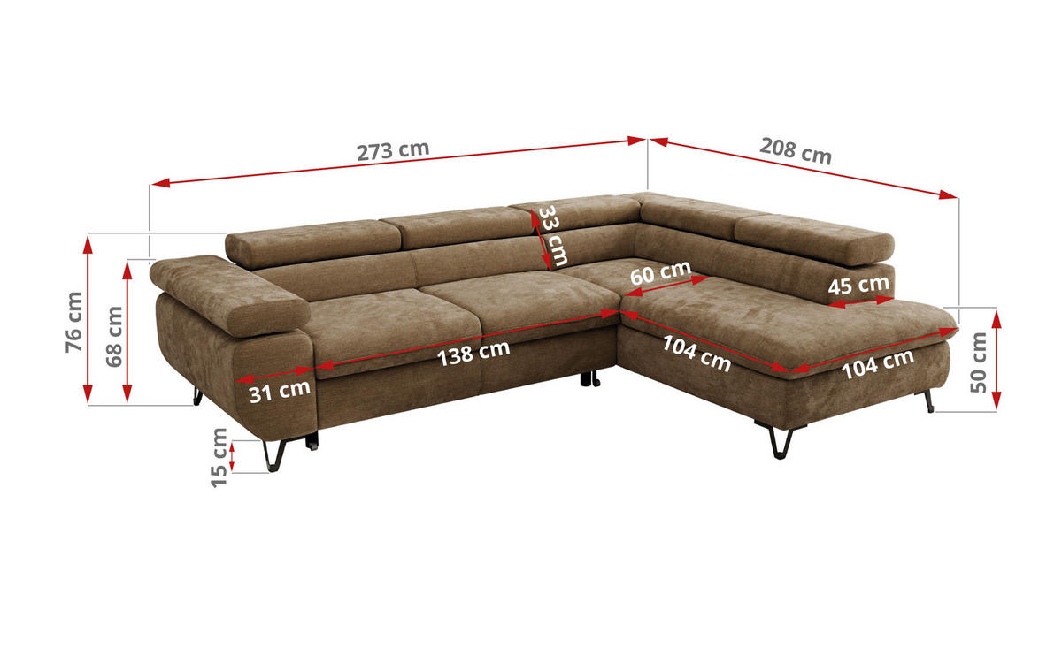 ECKSOFA PABLO L Braun Schenille glatt - Rechts Seite mit Visco Topper - Schwarz/Braun, Textil/Metall (273/208cm) - MKS