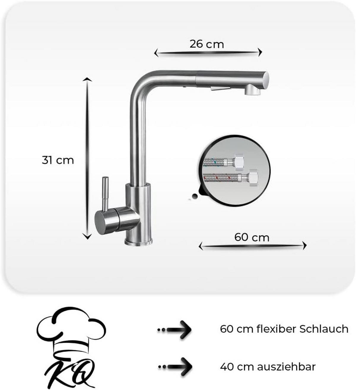 KÜCHENARMATUR 31x26cm ausziehbare Brause - Silberfarben, Metall (22/6/44cm) - KitchenQuality