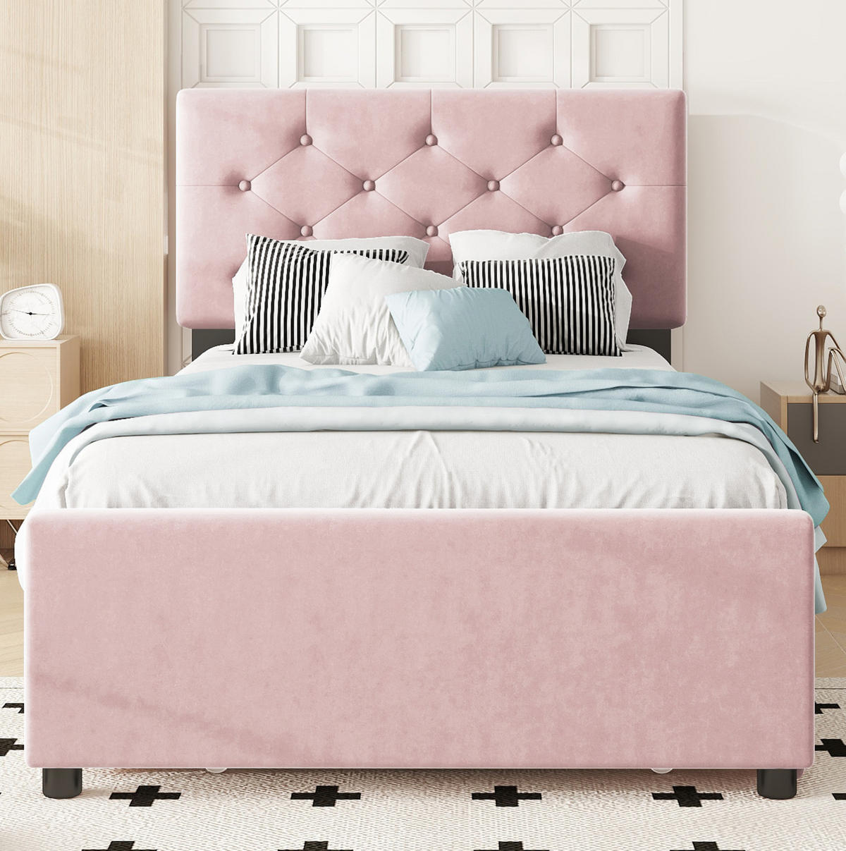 BETT mit Rollbett und Lattenrost 90x200 cm Samt Pink - Pink, Metall (90/200cm) - Meubliv