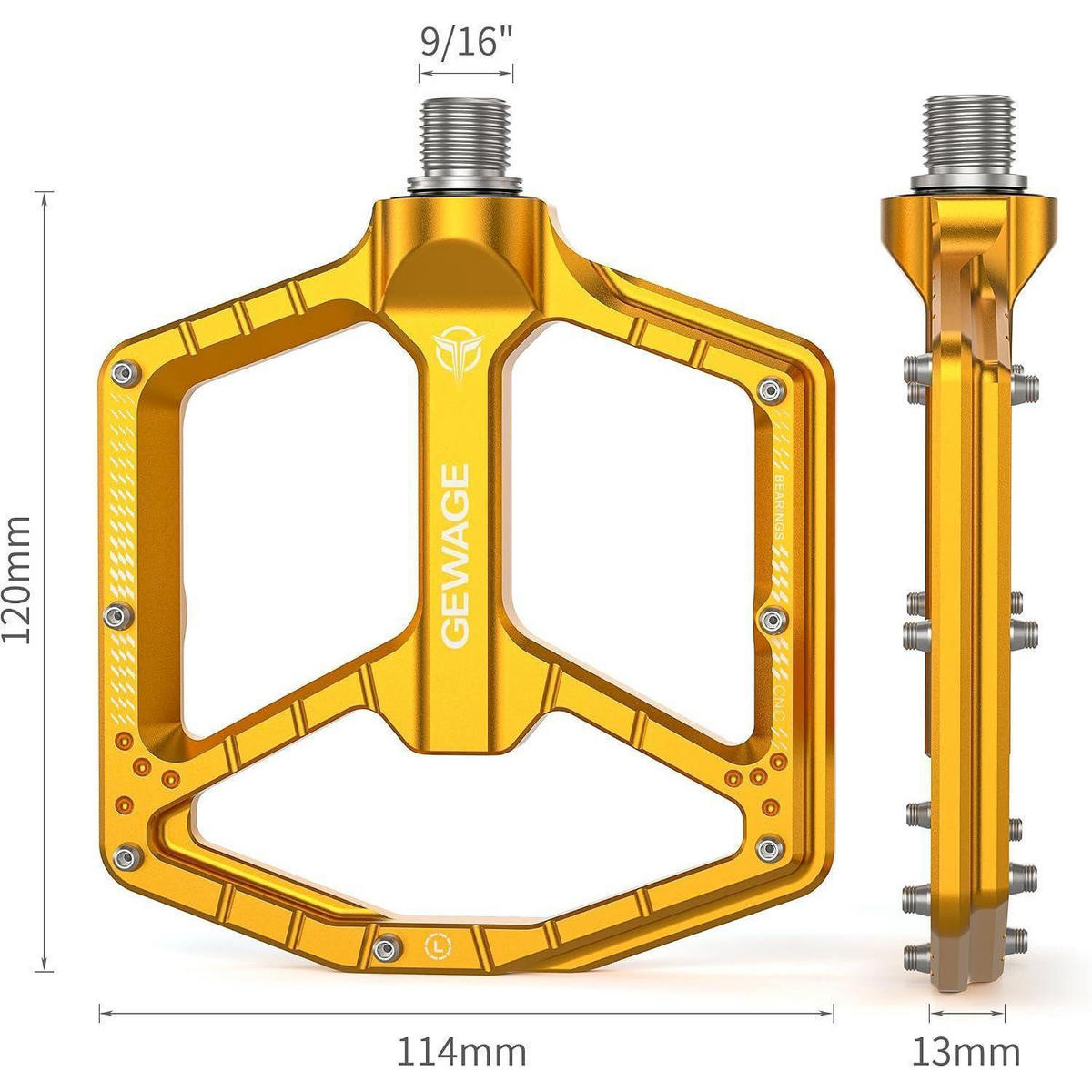 FAHRRADPEDALE CNC-Aluminium ultraflach mit 14 Anti-Rutsch-Pins Gold - Goldfarben, Metall (11/1.5/12cm)