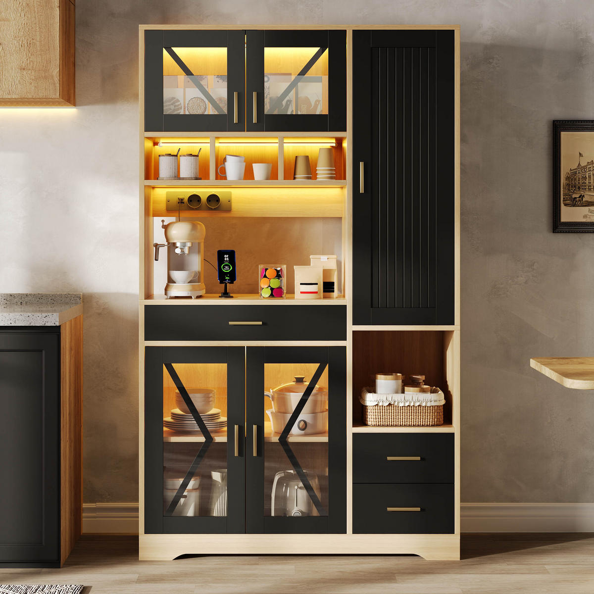 BUFFETSCHRANK Schwarz-Naturfarben 105/40/185 cm - Schwarz, Holz (105/185/40cm) - PANGIVO