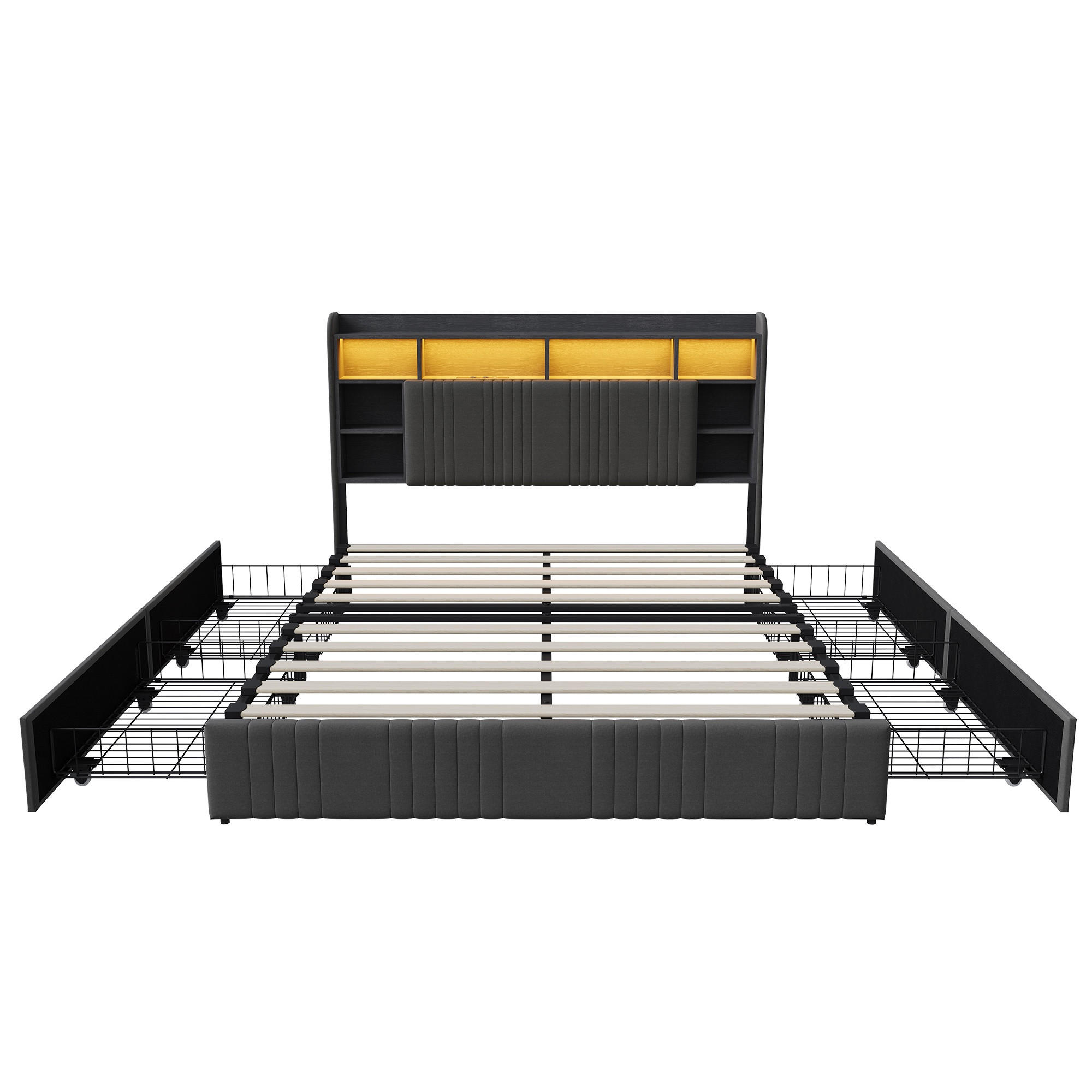 POLSTERBETT mit Stauraum 140x200 cm, Leinenbett für Erwachsene mit 4 Schubladen und Lattenrost, Regal-Kopfteil, LED und USB - Grey - Grau, Holzwerkstoff (140/200cm) - Brevoria