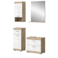 BADMÖBEL-SET weiß Hochglanz, Eiche 4-teilig 112 cm, Kombination mit viel Stauraum - Weiß Hochglanz/Eichefarben, Glas/Holzwerkstoff (112/191/37cm) - Inn.Furn