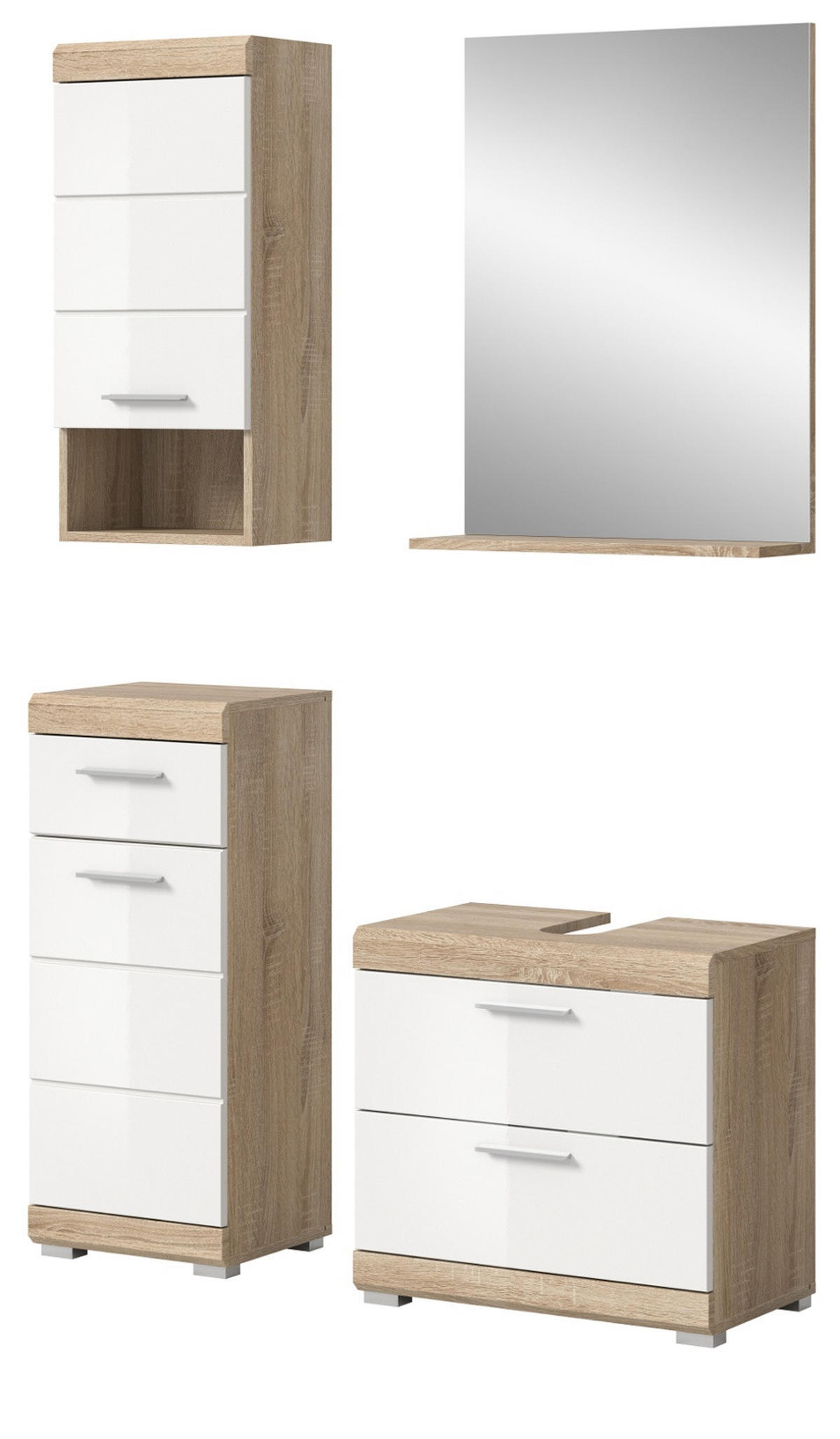 BADMÖBEL-SET weiß Hochglanz, Eiche 4-teilig 112 cm, Kombination mit viel Stauraum - Weiß Hochglanz/Eichefarben, Glas/Holzwerkstoff (112/191/37cm) - Inn.Furn