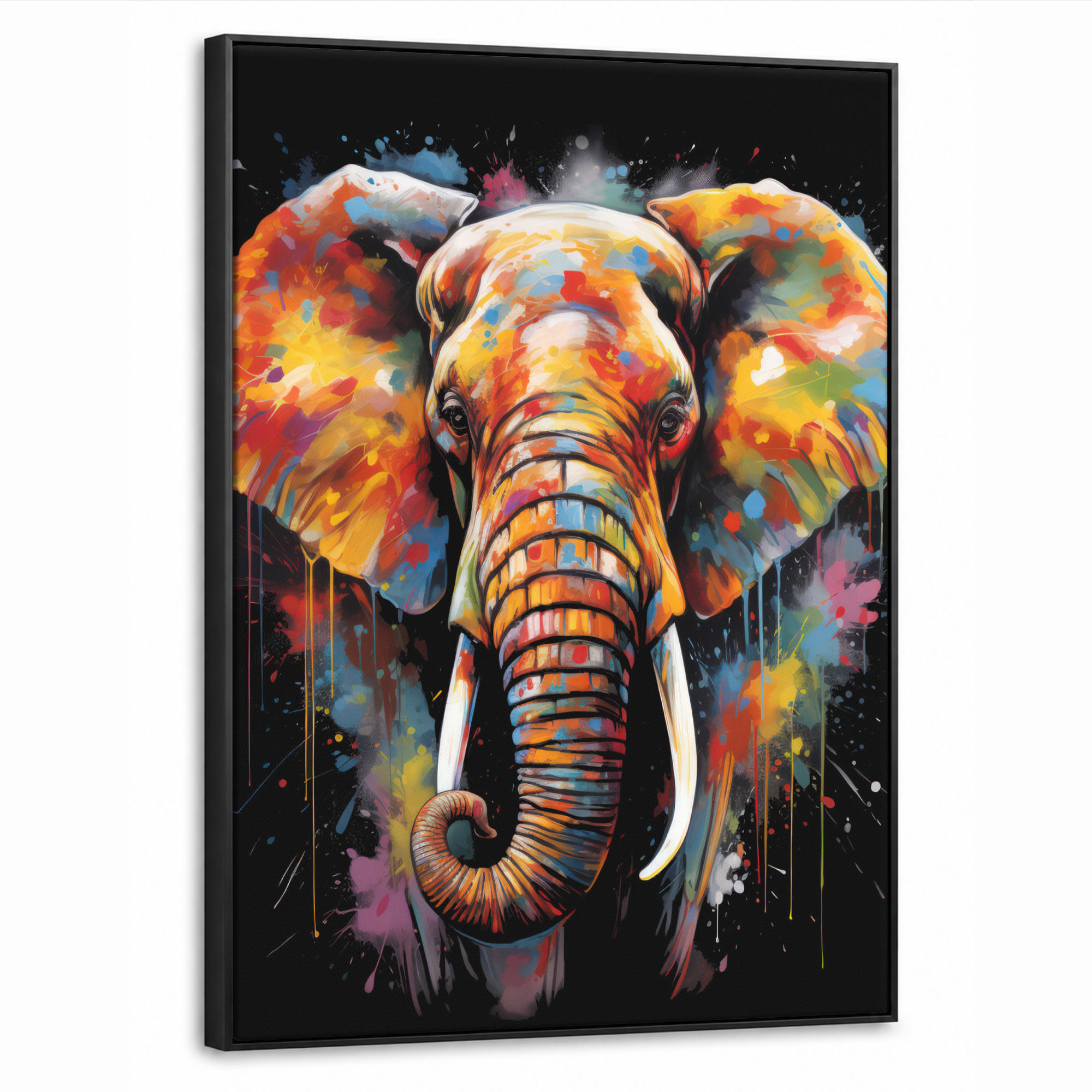 LEINWAND Bilder mit Rahmen - Elefant - Graffiti - Schwarz - Tiere - Farben - 70x100 - Schwarz, Textil (70/100cm) - MuchoWow