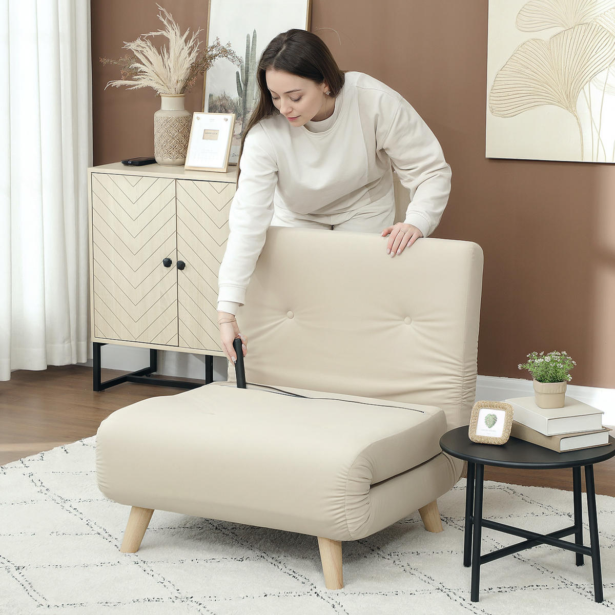 SCHLAFSESSEL, Klappsessel mit Bettfunktion, bis 120 kg belastbar, Beige - Beige/Naturfarben, Holz/Textil (78/79/72cm) - HOMCOM