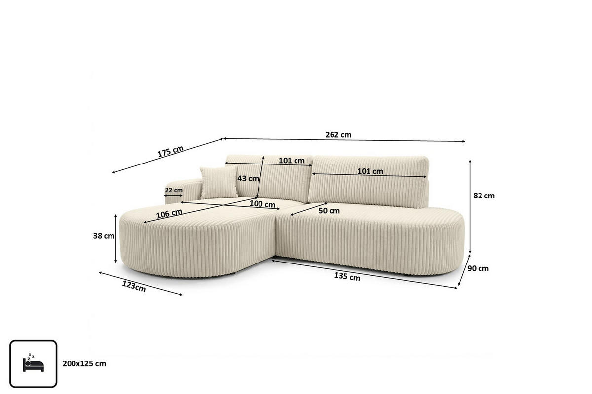 ECKSOFA Mit Schlaffunktion Und Bettkasten, Cordstoff Tilia, Ecru, Links, ROUND ONE OPEN XL - Ecru, Holz (262/175cm) - Kaiser Möbel