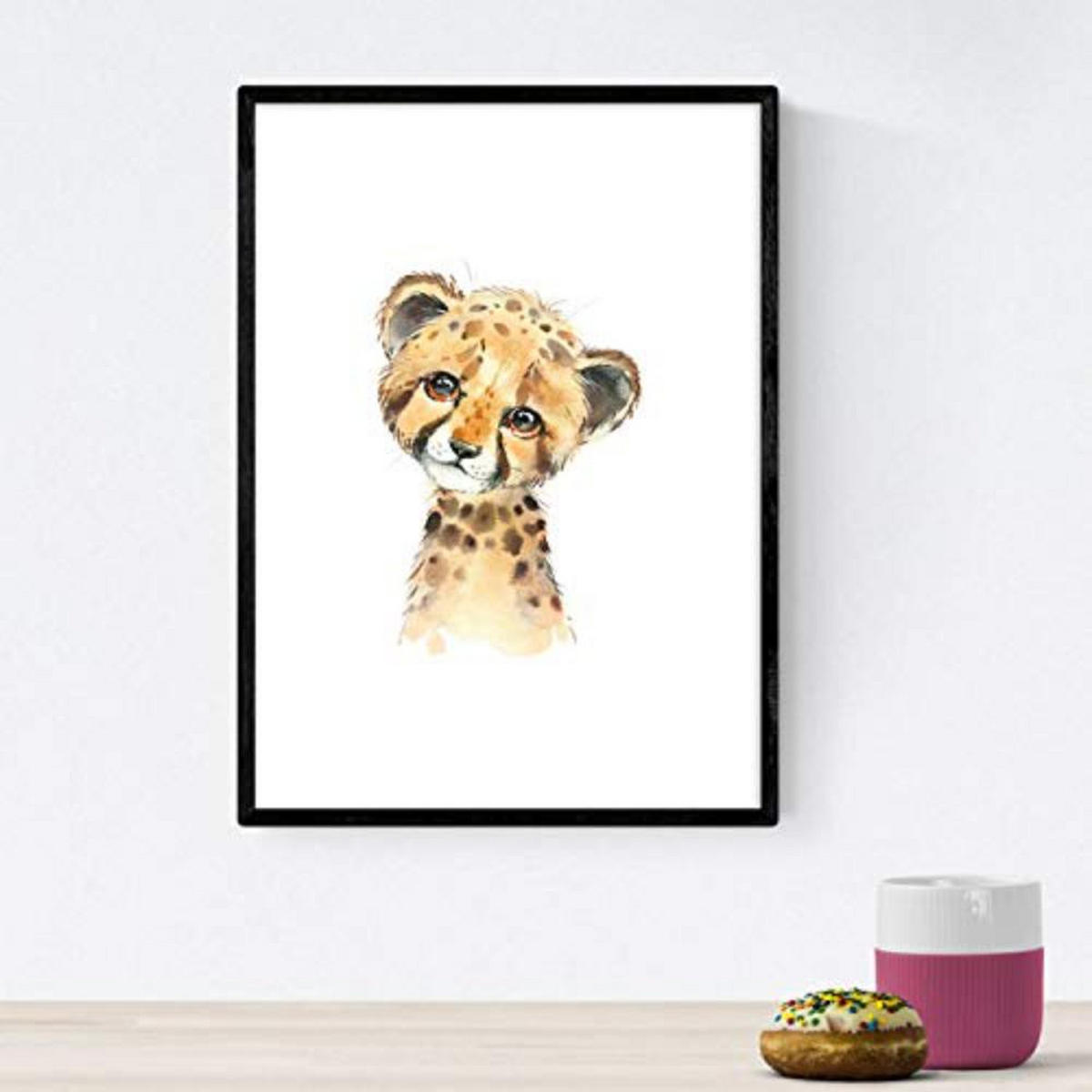 POSTER Set mit 4 Tiger Rhinoceros Giraffe und Suricata A3 Schwarzer Rahmen - Schwarz, Papier (29.7/3cm) - Nacnic