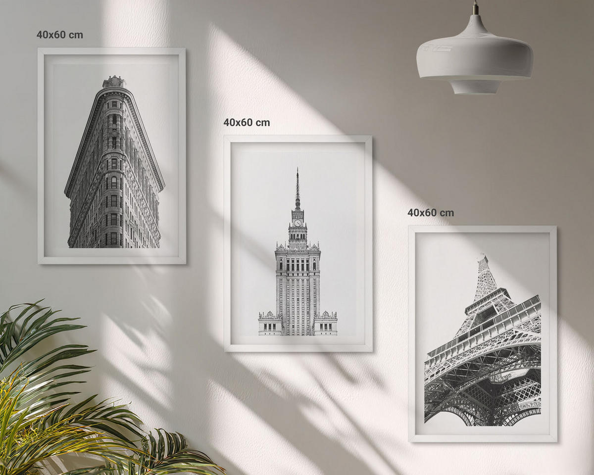 BILDER SET 3er Set - 40x60 cm Weißer Rahmen - Architektonische Schwarz-Weiß-Gebäude - Weiß, Kunststoff (40/60cm) - TULUP