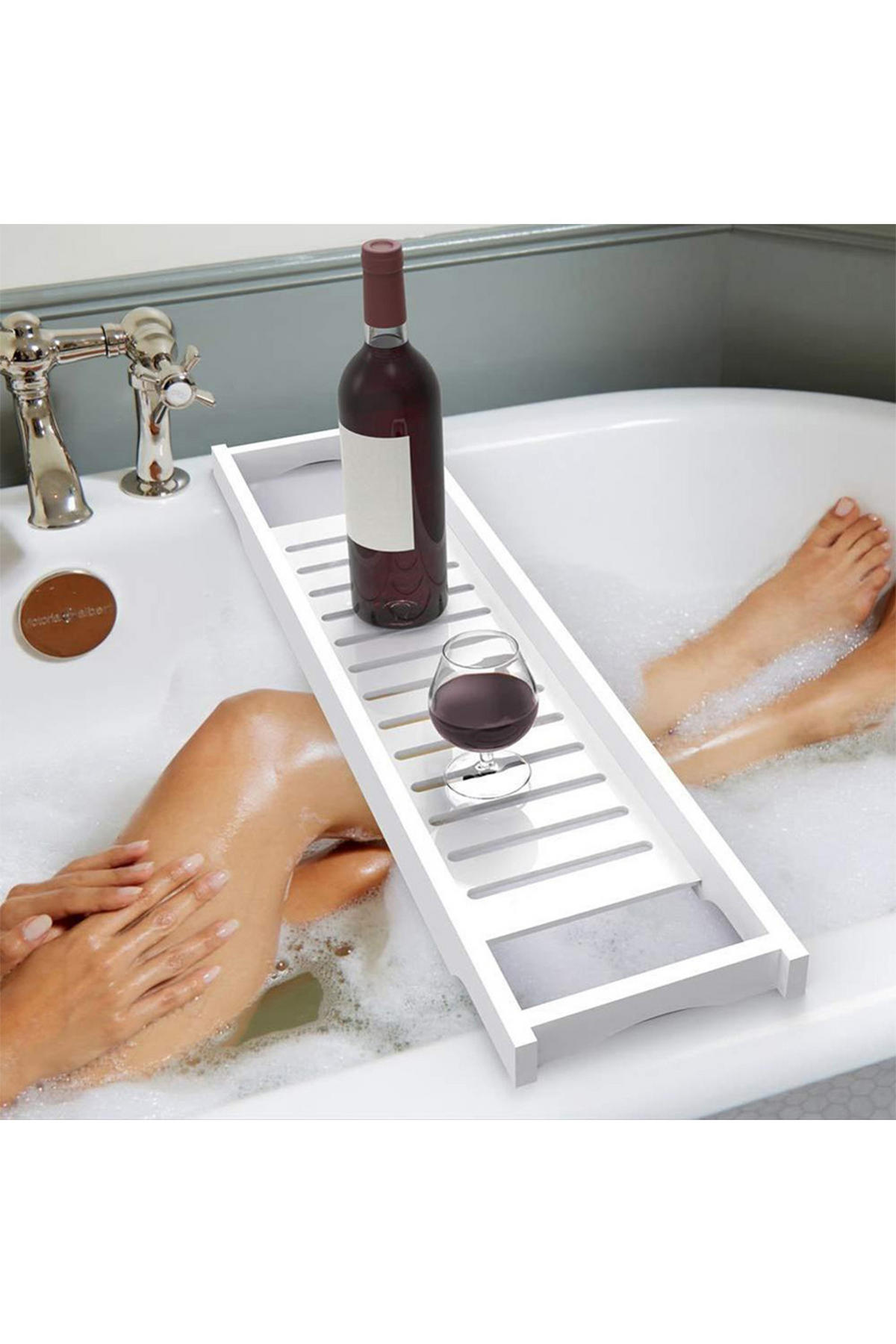 BADEWANNENABLAGE aus Bambus in Weiß Keine Montage erforderlich Ergonomisches Design 70 x 14,6 x 4,5 cm - Weiß, Holz (70/4.6/14.6cm) - Livingandhome