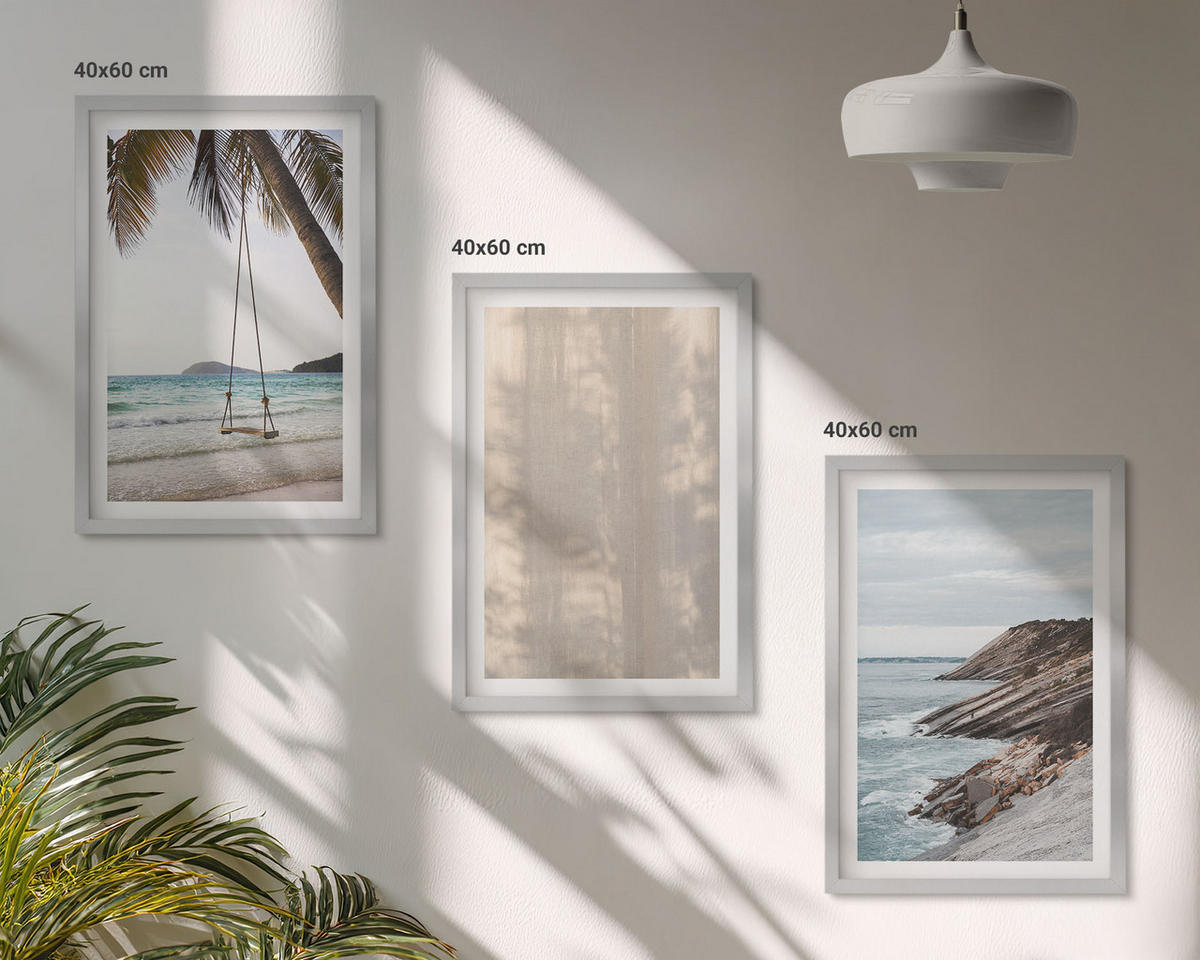 WANDBILDER 3er Set - 40x60 cm Silberner Rahmen - Sommerlicher Sandstrand mit Meerblick - Silberfarben, Kunststoff (40/60cm) - ArtPrintCave