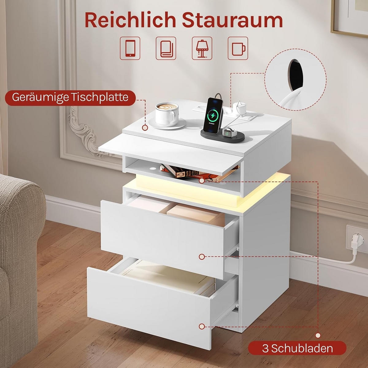 NACHTTISCH mit Ladefunktion und LED, Weiß - Weiß, Holzwerkstoff (40/55/35cm) - Woltu