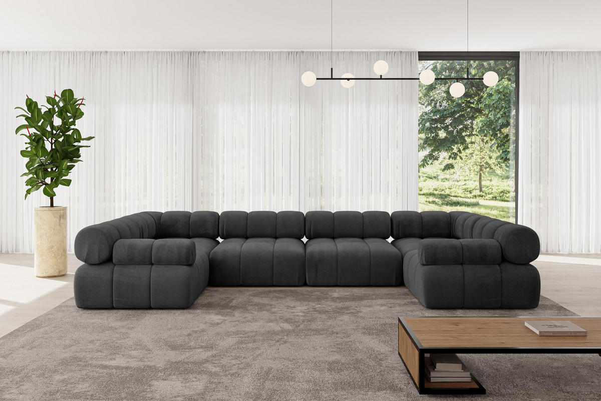 WOHNLANDSCHAFT modulares Sofa Birno-U2 - 380x190x70 cm Schwarz Velours - Schwarz, Holzwerkstoff/Textil (380/70/190cm) - ALTDECOR