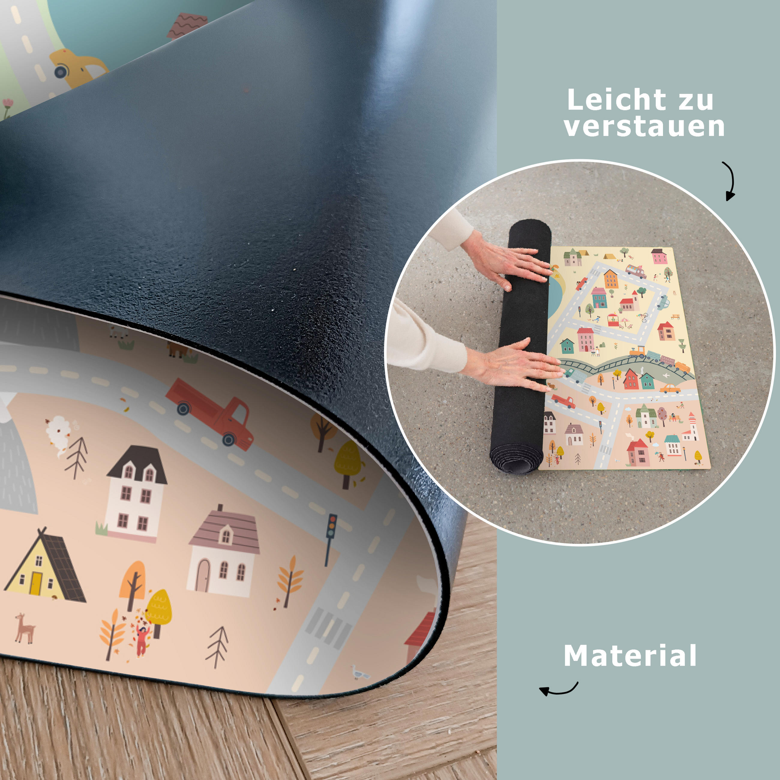 KINDERTEPPICH Jahreszeiten - Stadt - Häuser - Straße - Kinder - Auto 105x70 cm - Multicolor, Kunststoff (105/70cm) - MuchoWow