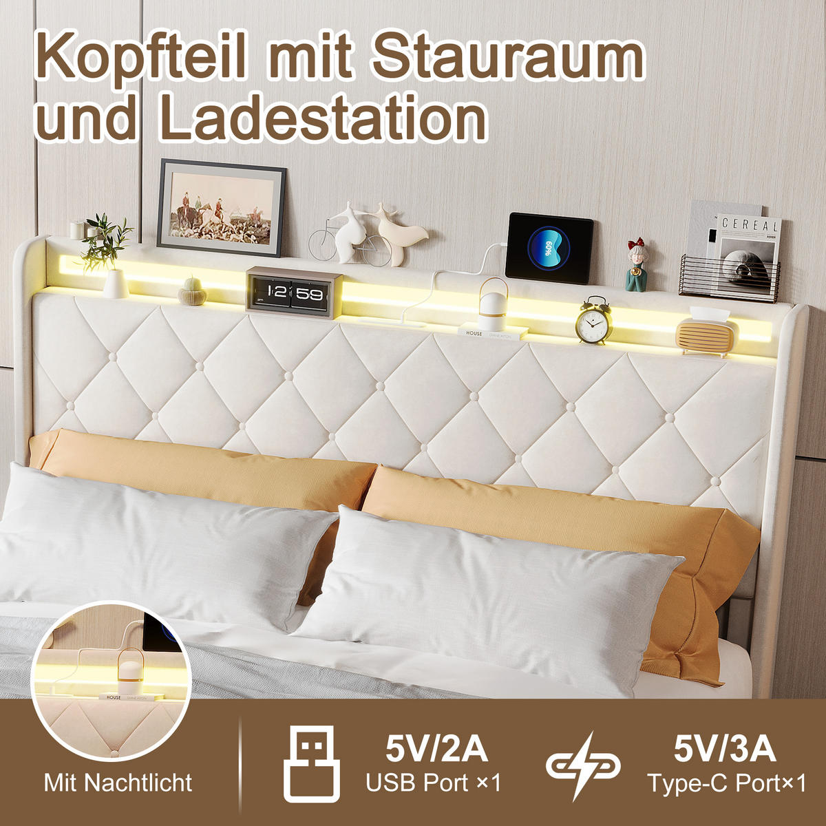 POLSTERBETT 160x200 cm mit 4 Schubladen, LED, USB & Type-C, Doppelbett Kopfteil und Lattenrost, Beige - Beige, Metall (160/200cm) - EuroLiving