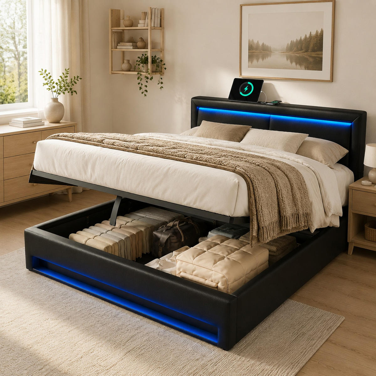 POLSTERBETT 140/190 mit Stauraum, LED und USB für kabelloses und kabelgebundenes Laden in Schwarz - Schwarz, Holzwerkstoff/Textil (140/190cm) - EVRYAE