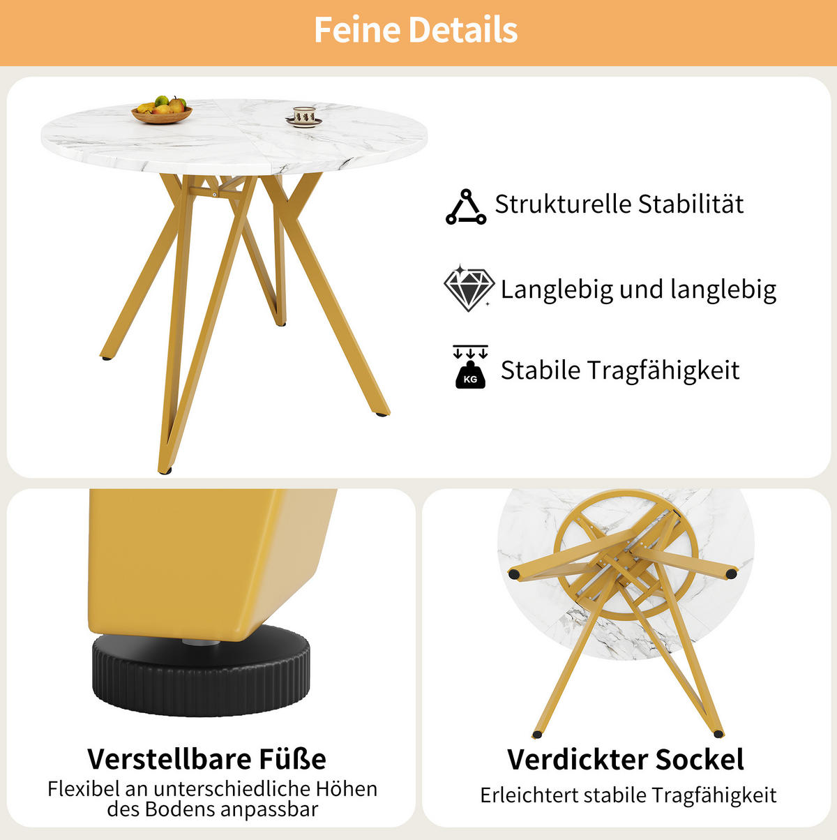 ESSTISCH rund 100/100/76 cm in Gold mit MDF-Tischplatte in Marmoroptik - Goldfarben, Holzwerkstoff (100/100/76cm) - Flora Grace