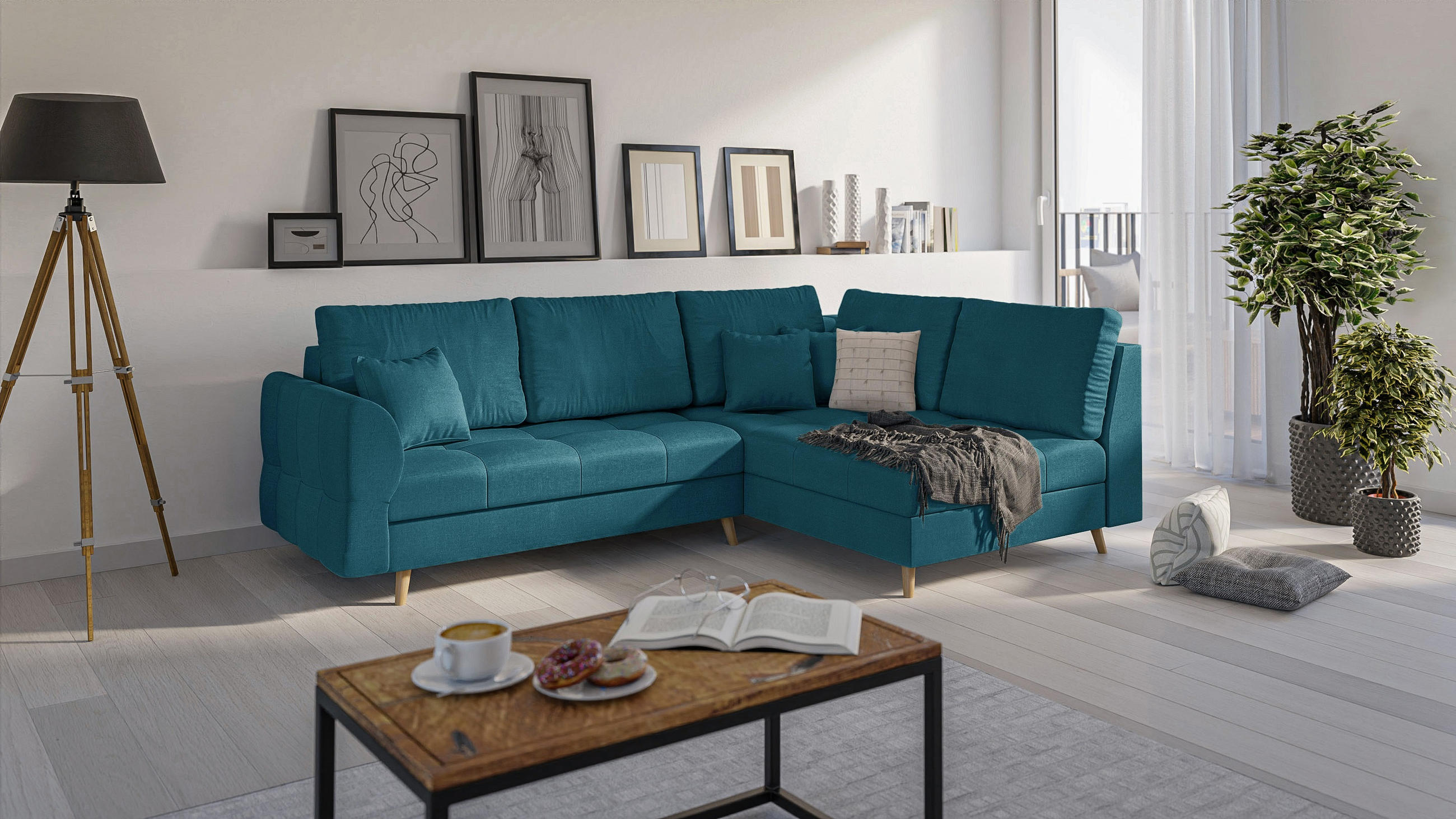 ECKSOFA Lorine Mikrofaser Blau - Blau/Hellbraun, Buchenholz/Textil (231/161cm) - S-Style Möbel