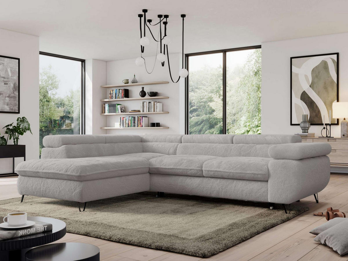 ECKSOFA PEDRO L Hellgrau Plüsch - Links Seite - Hellgrau/Schwarz, Textil/Metall (208/273cm) - MKS