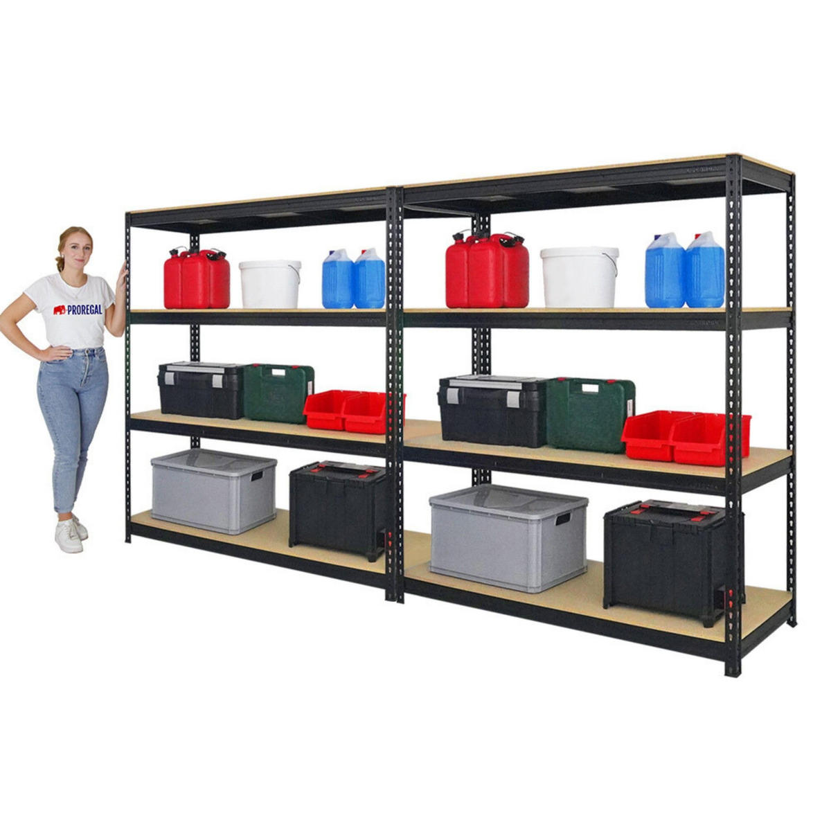 SCHWERLASTREGAL Bison 2er-Set mit 2x 200x180x60 cm 4 Fachböden Fachlast 600 kg Schwarz - Schwarz, Metall (360/200/60cm) - PROREGAL