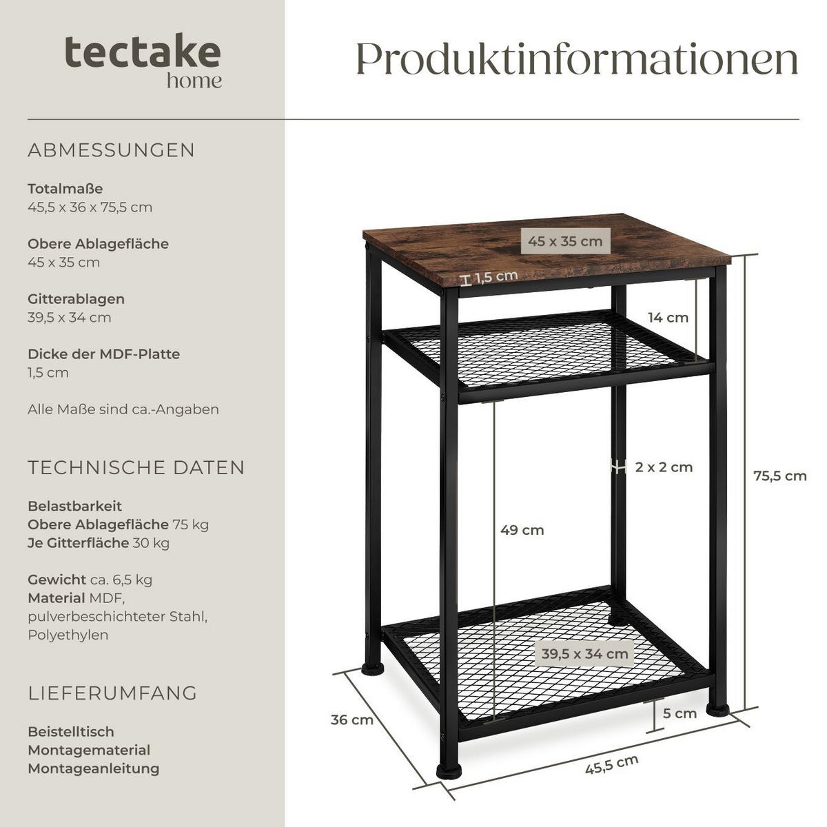 BEISTELLTISCH York,45,5 x 36 x 75,5 cm,Industrial Holz dunkel, rustikal - Rostfarben, Holz (36/45.5/75.5cm) - tectake
