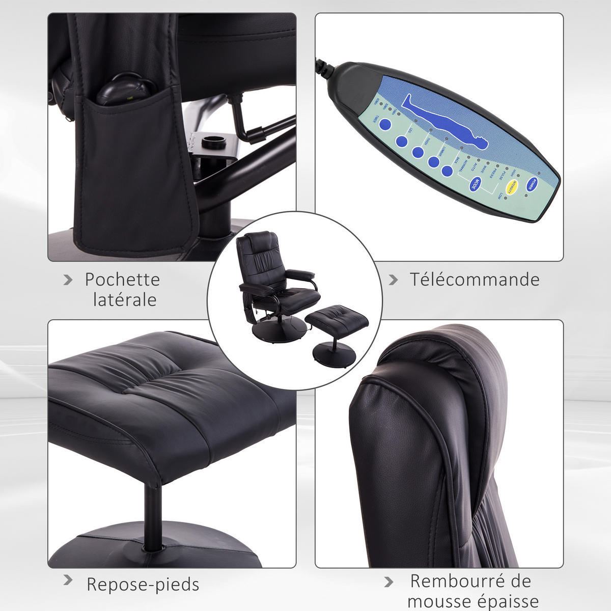 MASSAGESESSEL Schwarz mit Massagefunktion und Liegefunktion 77/84/95 cm - Schwarz, Leder (77/95/84cm) - PANGIVO