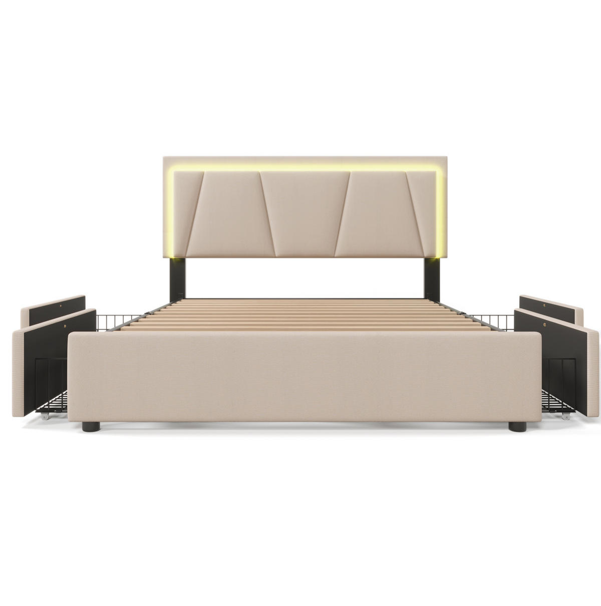 POLSTERBETT 160/200 cm Beige mit LED-Beleuchtung, 4 Schubladen und Matratze - Beige, Holz (160/200cm) - Flora Grace