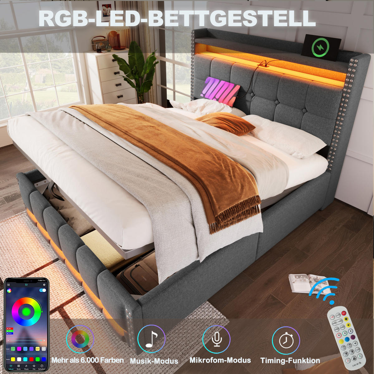 POLSTERBETT 160/200 cm in Grau Leinen mit Bettkasten, LED, USB und Regal - Grau, Holzwerkstoff/Textil (160/200cm) - WISHDOR
