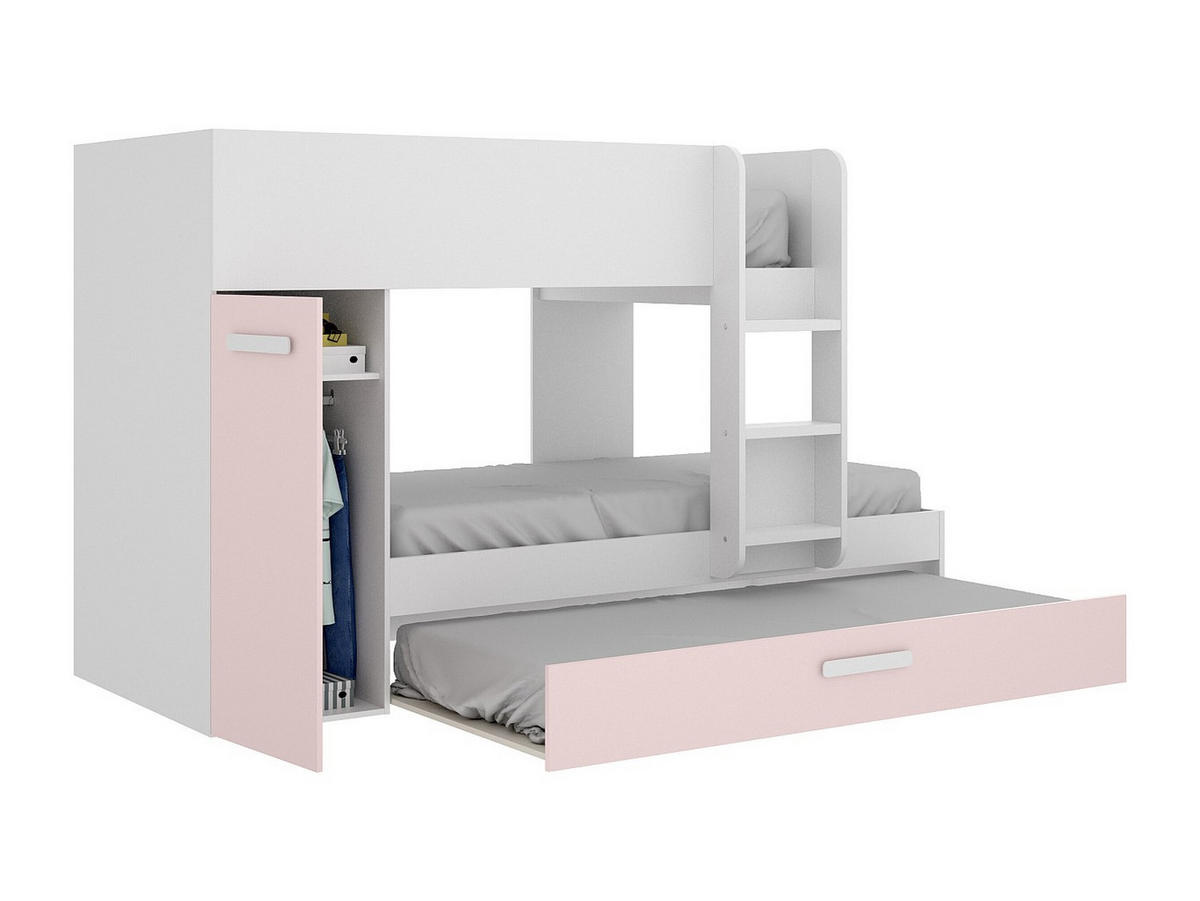 ETAGENBETT Ausziehbett mit Stauraum + Matratzen - 3x 90 x 190 cm - Weiß, Naturfarben & Rosa - ANTHONY - Pink/Weiß, Holz (97/243cm) - Vente-Unique