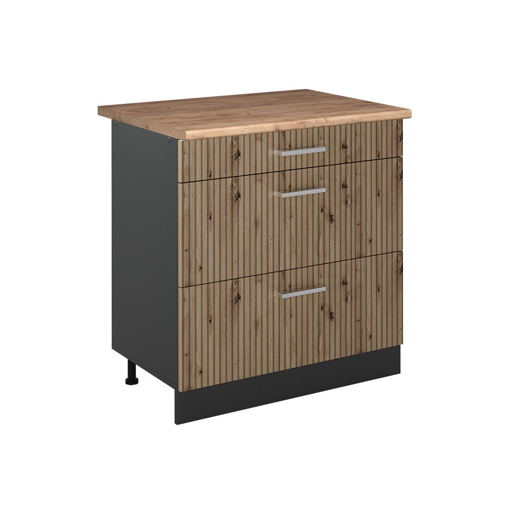 SPODNÍ SKŘÍŇKA KUCHYŇSKÉ LINKY R-Line, Řemeslný dub/Antracit, 80 cm se 3 zásuvkami pracovná doska Dub Goldkraft - antracitová/dub artisan, kompozitní dřevo (80/81.6/60cm) - Vicco
