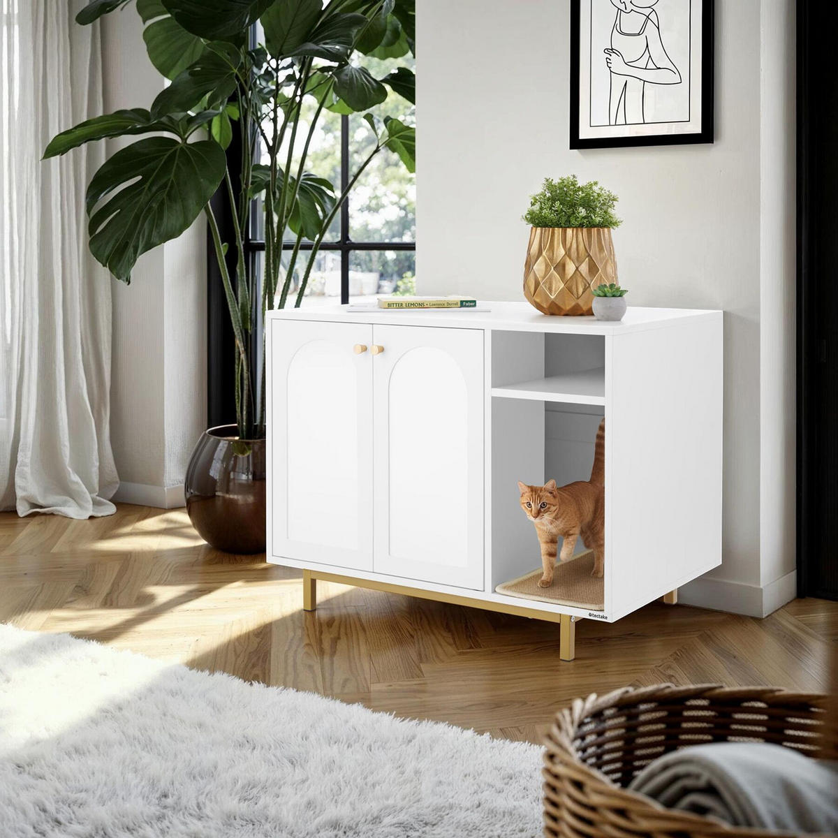 KATZENSCHRANK Kalea,inklusive Kratzmatte, 80 x 52 x 61,5 cm,weiß/gold - Goldfarben/Weiß, Holz (80/61.5/52cm) - tectake