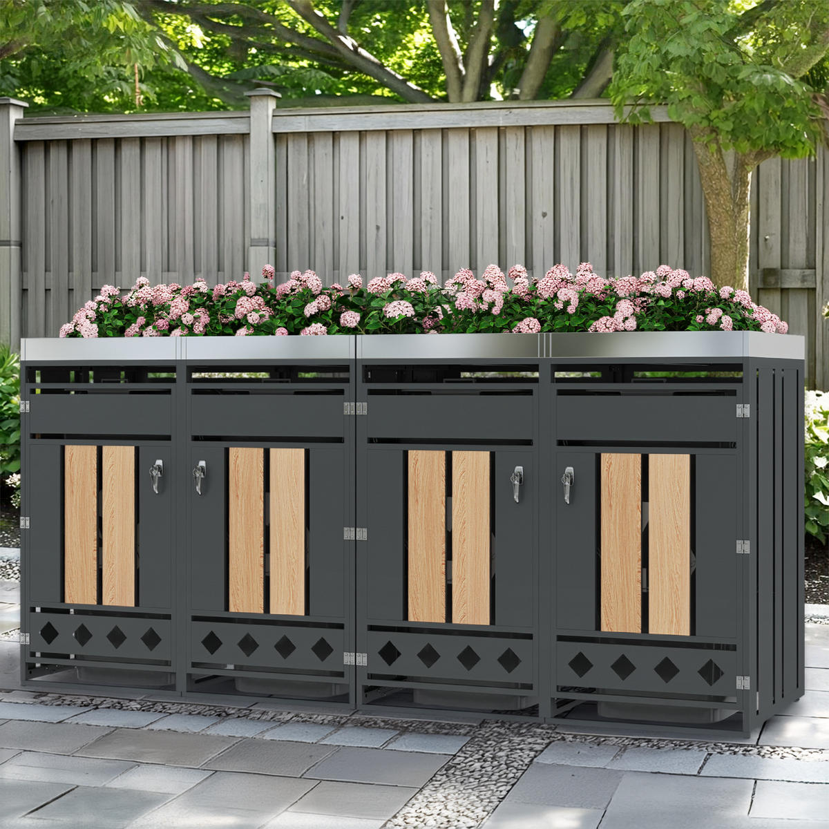 MÜLLTONNENBOX aus Stahl in Grau/Holzoptik mit Pflanzkasten & 4 Türen 264x80x124,5 cm - Grau, Metall (264/124.5/80cm) - Modfu
