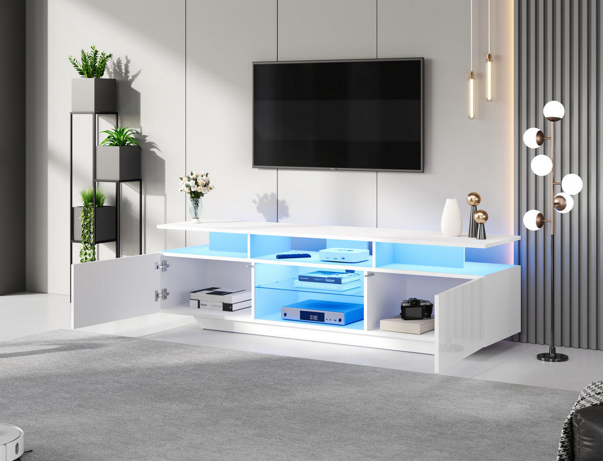 TV-SCHRANK aus MDF und Glas 160x40x45 cm Weiß mit LED-Beleuchtung, 2 Schränken und 8 Ablageflächen - Weiß, Holzwerkstoff (160/45/40cm) - Modfu