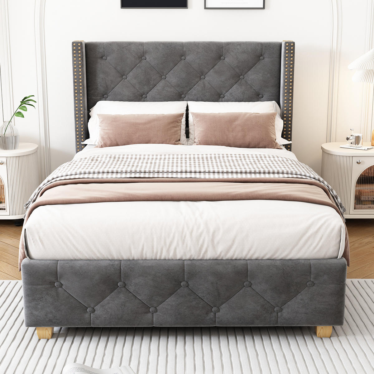 BETT 90x200 cm Samt Grey mit Lattenrost - Grau, Metall (90/200cm) - Meubliv