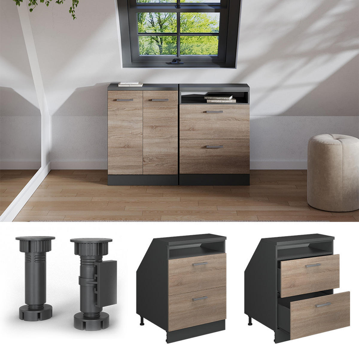 ŠIKMÁ SKRIŇA Rion Sonoma 60 x 81.6 cm s 2 zásuvkami, korpus skrine hĺbka 60 cm - antracitová/dub sonoma, kompozitné drevo (60/83.8/60cm) - Vicco