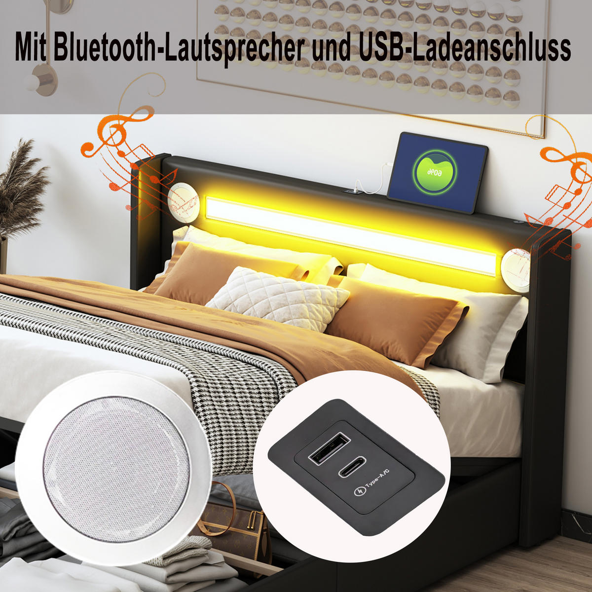 POLSTERBETT 160x200 LED Bluetooth USB Stauraum Schwarz - Schwarz, Holzwerkstoff - FLIEKS