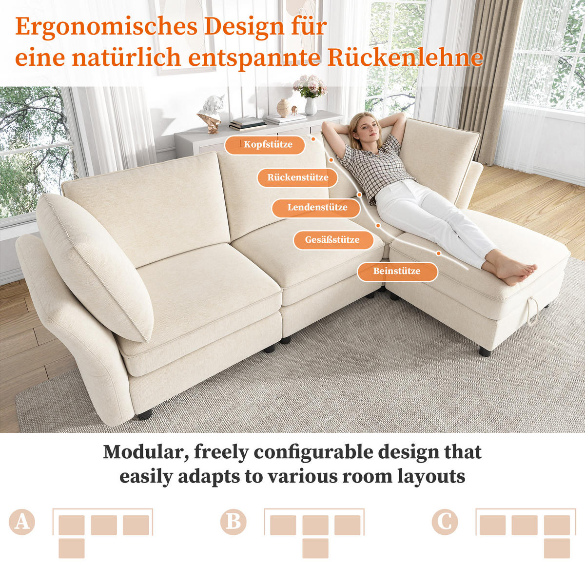 ECKSOFA 225/137/84 cm Beige mit Stauraum‑Hocker - Beige, Textil (225/137cm) - Oxeza
