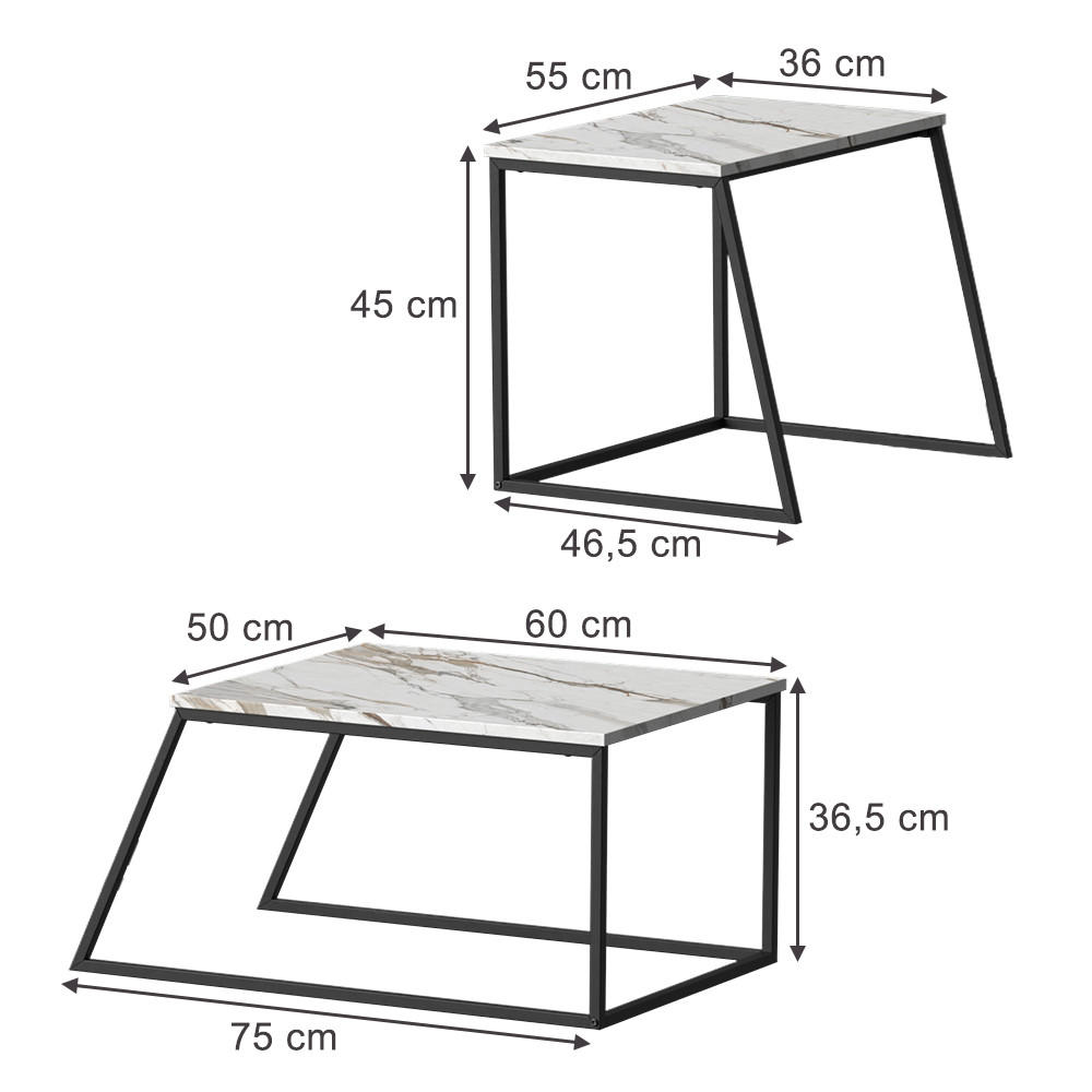 COUCHTISCH-SET Myra Schwarz/Marmor-Weiß 60 x 50 cm 2 Teile - Weiß Hochglanz/Schwarz, Holzwerkstoff (50/60/38cm) - Vicco