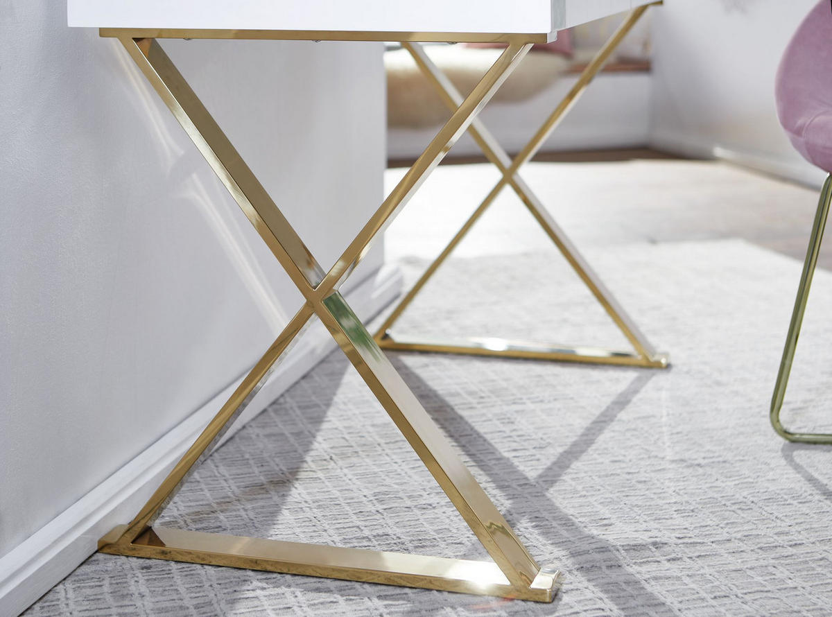 SCHREIBTISCH – Weiß Hochglanz, goldene Beine, 2 Schubladen, modern - Goldfarben/Weiß, Holz/Metall (57/118/76cm) - KADIMA DESIGN