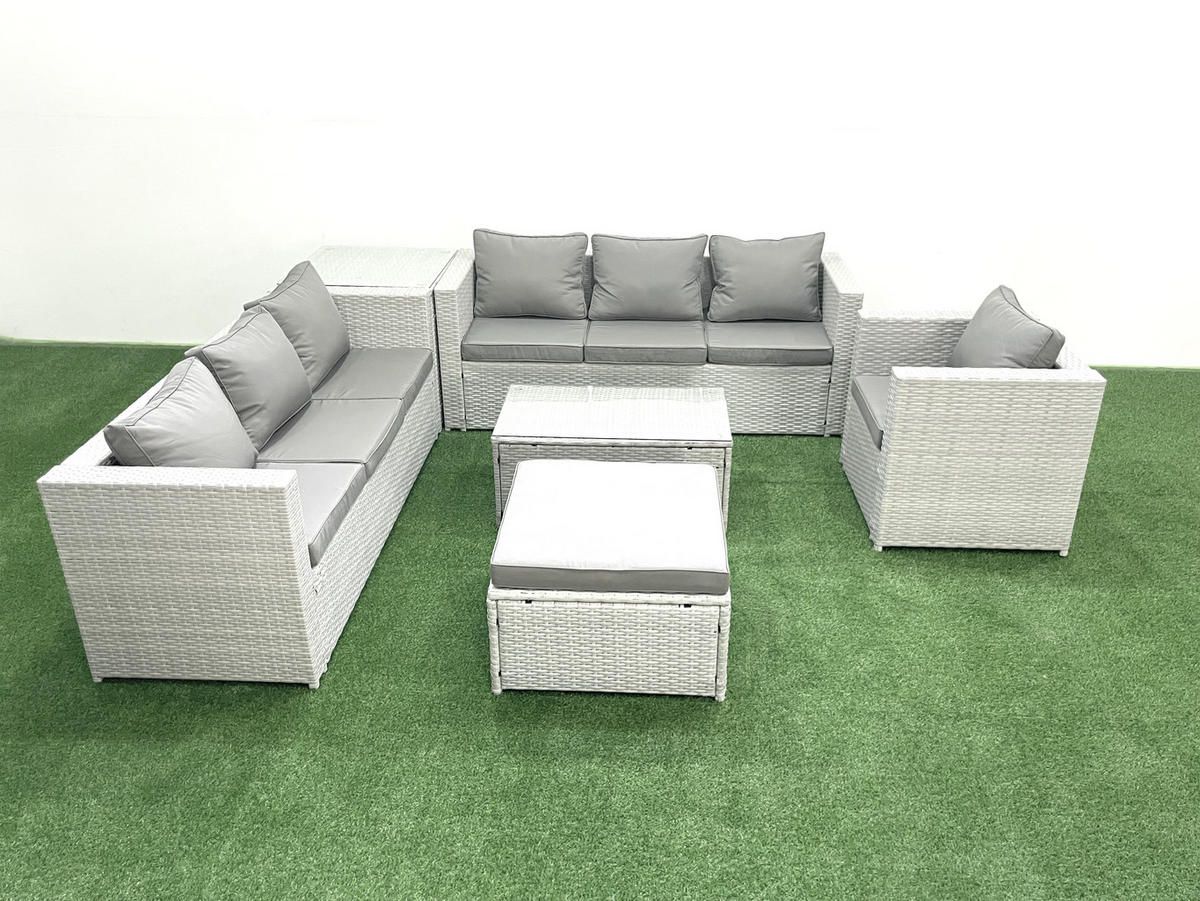 GARTENGARNITUR mit 3-SITZER SOFA,COUCHTISCH Polyrattan Hellgrau-Mix 8-Sitzer - Hellgrau/Grau, Glas/Kunststoff - Fimous