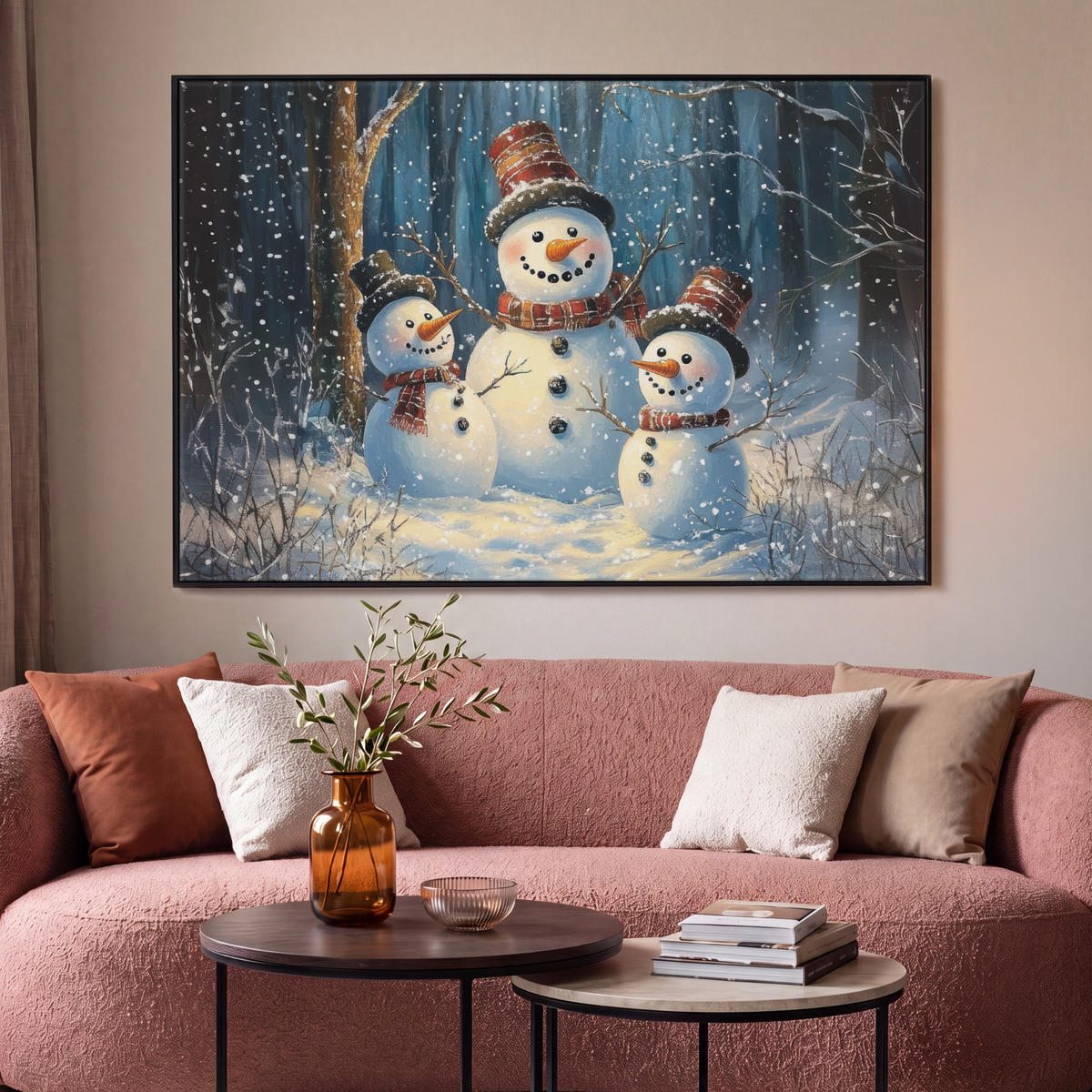 LEINWAND Bilder mit Rahmen - Schneemann - Schnee - Winter - Wald - 120x80 - Hellblau, Textil (120/80cm) - MuchoWow