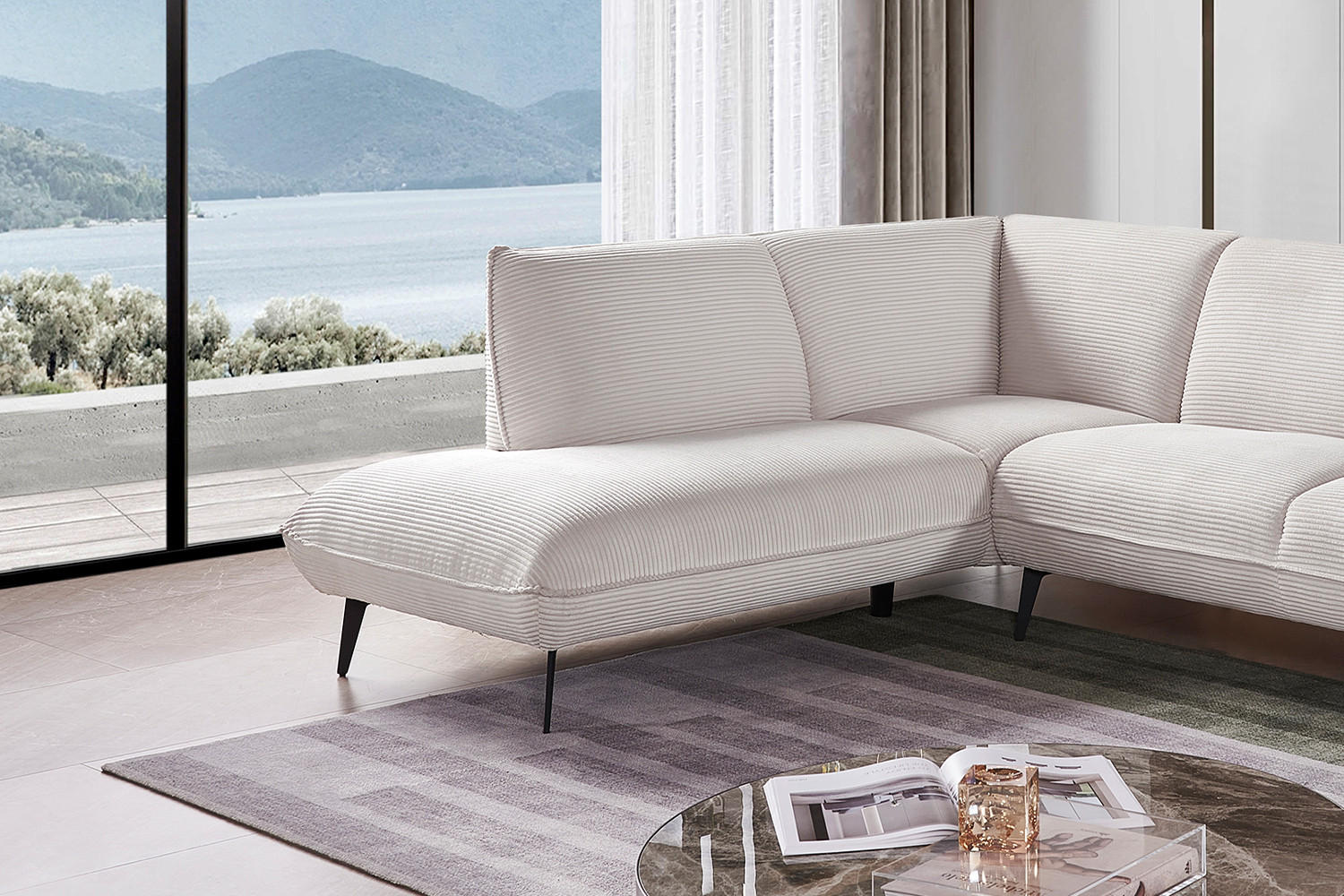 ECKSOFA CALLA Cremeweiß Cord - Creme/Schwarz, Textil (274/203cm) - KAWOLA