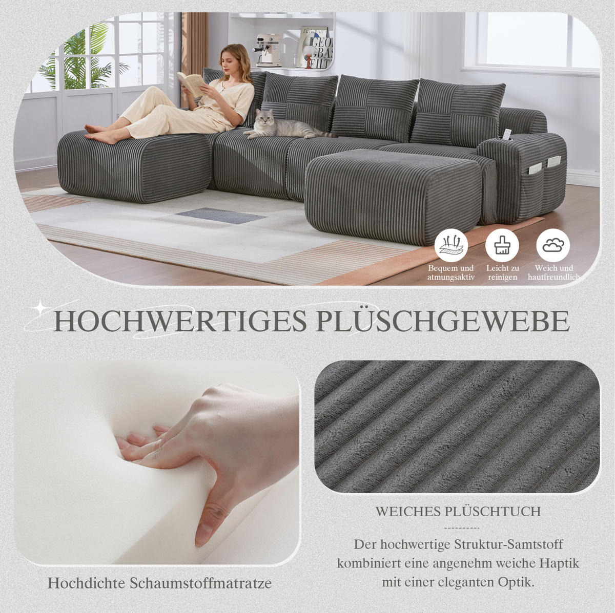 4-SITZER Wohnlandschaft Cord mit Getränkehalter und Seitentasche inklusive 2 Hocker 333/174/80 cm Dunkelgrau - Dunkelgrau, Textil (174/80/333cm) - Redom