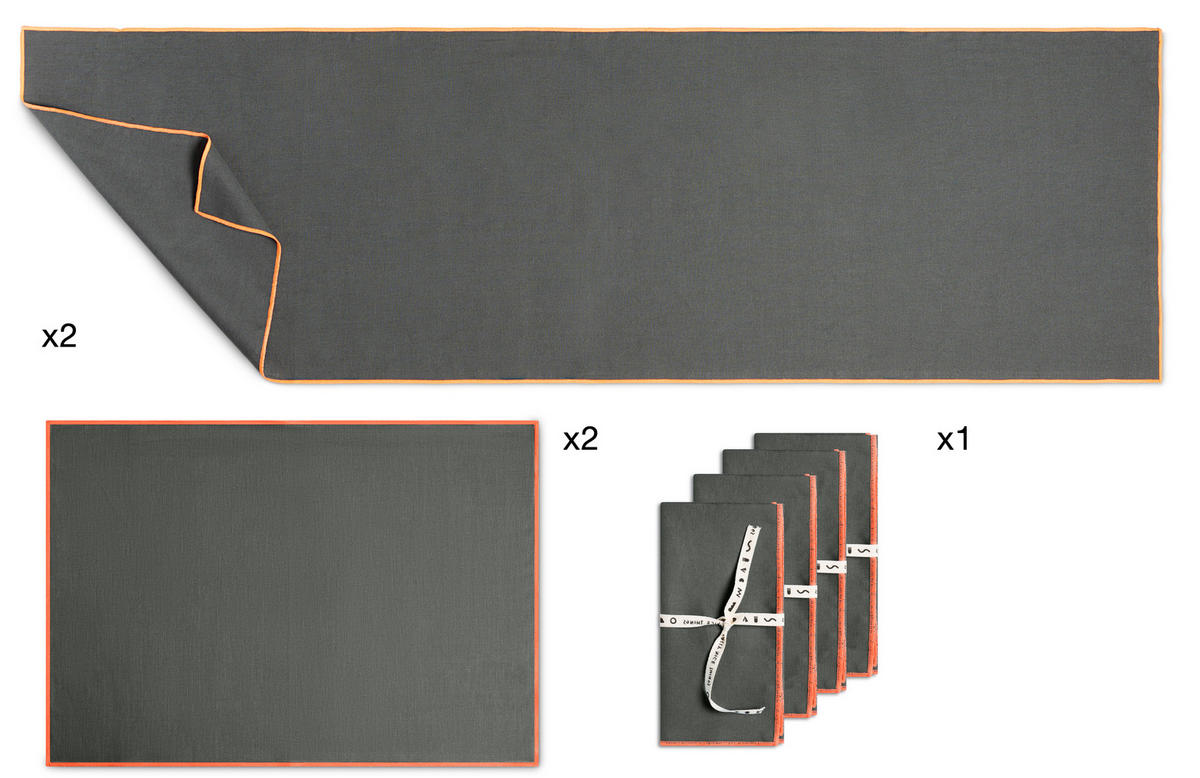 TISCHET 8-teilig, 100% Leinen, marder und fluor SET CONTRAST EDGE - Grau, Textil (40/130cm) - RNT By Really Nice Things