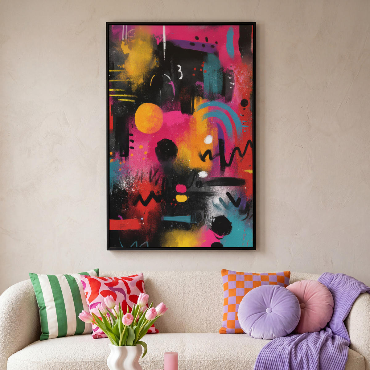 LEINWAND Bilder mit Rahmen - Farbflächen - Formen - Bunt - Abstrakt - 90x140 - Pink, Textil (90/140cm) - MuchoWow