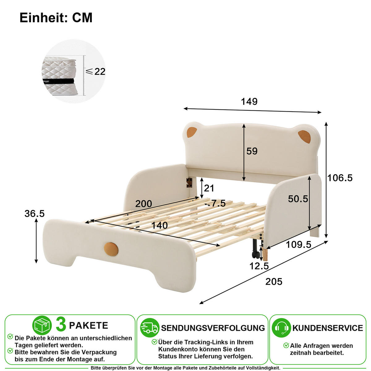 POLSTERBETT 140/200 cm & 140/105 cm in Beige Samt mit Ausziehbett und Matratze im Bärendesign - Beige, Holz/Textil (140/200cm) - CHICFURN